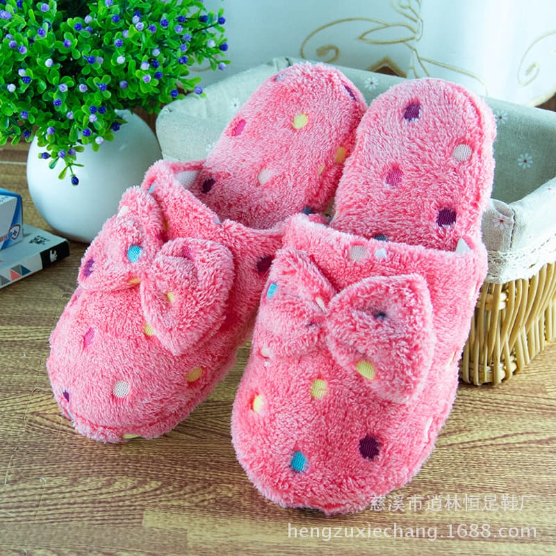 Winter Colored Polka Dot Bow Floor Cotton Slippers, Warm Plush Home Cotton Slippers from Cixi Manufacturer Wholesale