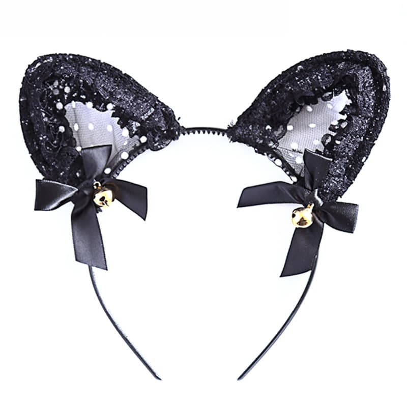Sexy Bell Cat Ears Bowknot Polka Dot Lace Trim Headband Hair Accessory 5023
