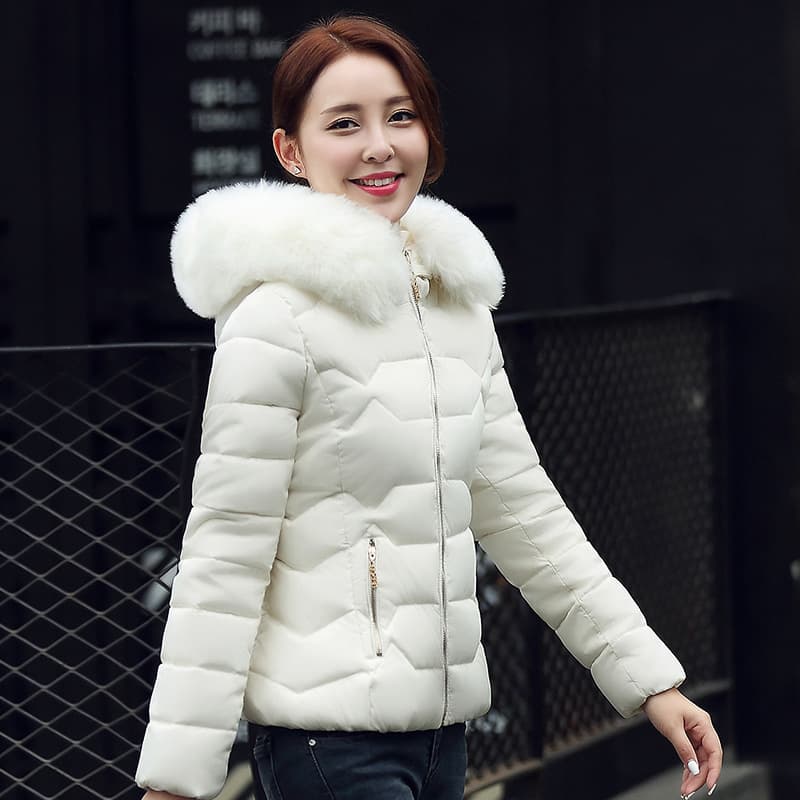New Autumn/Winter Korean Slim Fit Fashionable Warm Hooded Short Down Cotton Coat with Large Fur Collar and Zipper Pockets for Women