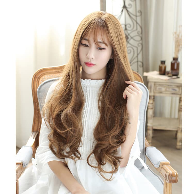Fashion Air Bangs Wig for Women, Fluffy Long Curly Hair with Split Ends, Linen Yellow Hairpiece, Agent Spot