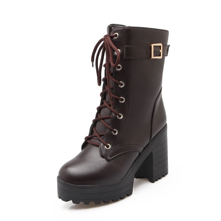 AliExpress Large Size Women's Shoes Lace-up Martin Boots Thick Heel Waterproof Platform Belt Buckle Short Boots 34-43