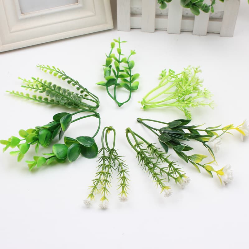 Simulated green plant, fake plastic flower, green fake grass, decorative flower arrangement with grass, single leaf, wedding candy box, gift box, decorative grass
