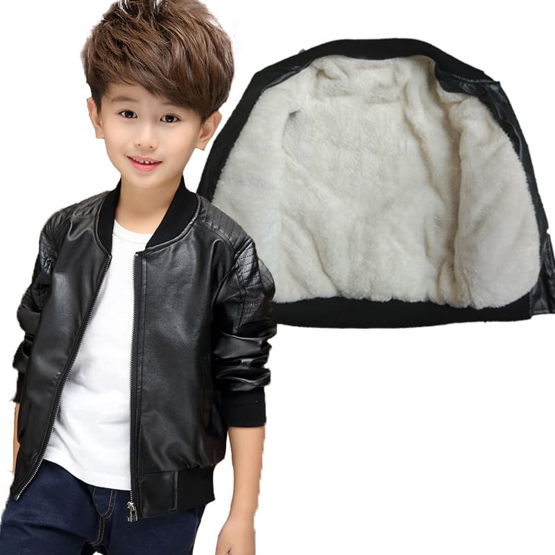 New Children's PU Leather Jacket Outerwear Older Boys' Fleece-lined Thick Leather Jacket Top Factory Direct Supply