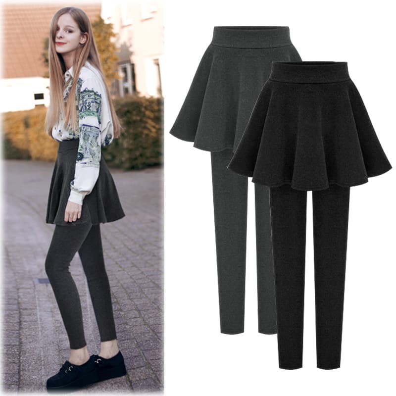 Women's Autumn/Winter Outerwear Leggings, Fleece-Lined Thermal Pleated Skirt Pants, Winter Faux Two-Piece Warm Pants, Plus Size Women's Pants