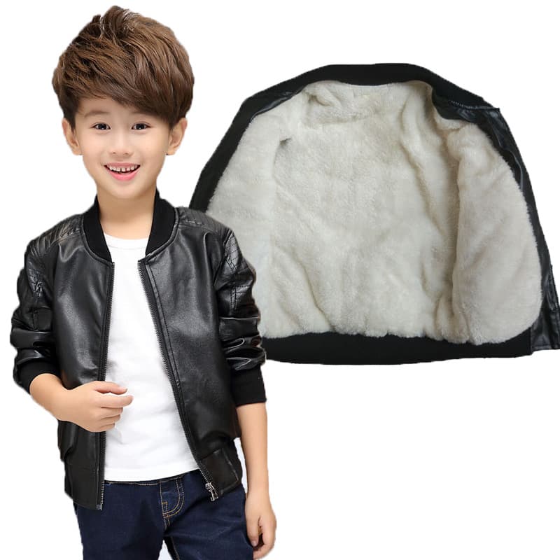Boys' winter fleece-lined thick leather jacket, children's clothing, children's medium and large children's PU leather jacket, dropshipping available.