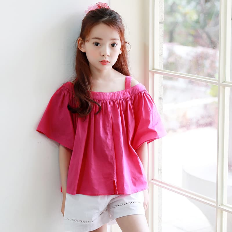 2025 New Summer Korean Style Kids Off-Shoulder Top Short-Sleeve T-Shirt for Girls One Piece Dropshipping A422