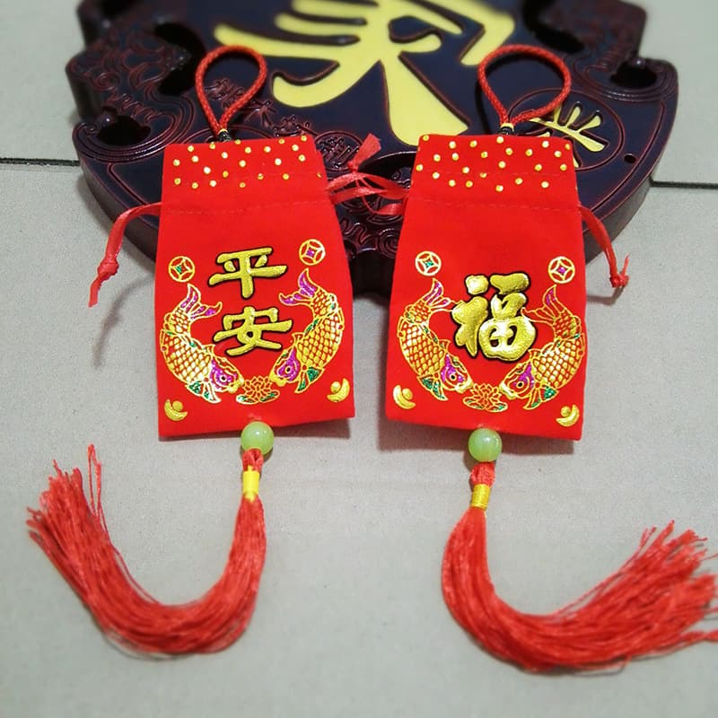 Bright Red Velvet Gold-Stamped Double Fish Peace Charm, Pull-String Fillable Everlasting Love Scented Sachet Empty Fragrance Pouch