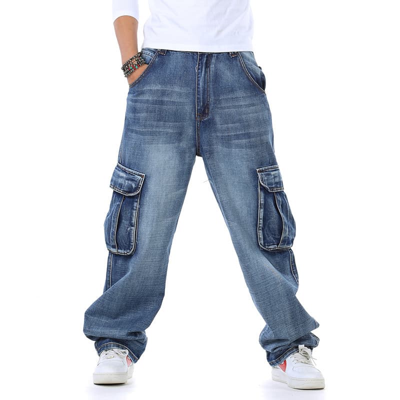 Spring and autumn fat guy plus size fashion multi-pocket wide jeans plus size nzk men's loose Denim long pants