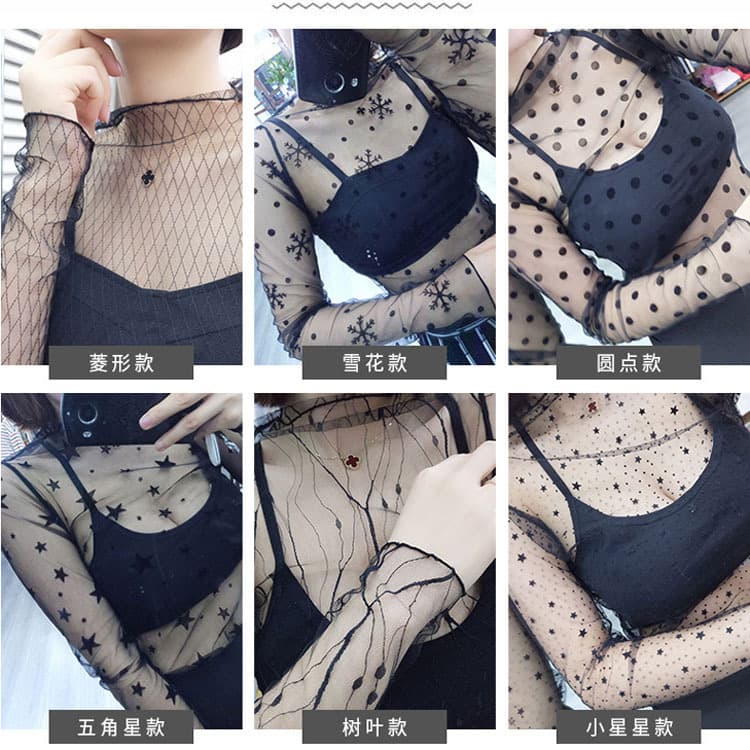 Mesh bottoming shirt for women 2024 new long-sleeved T-shirt see-through bottoming shirt sexy lace mesh pullover top