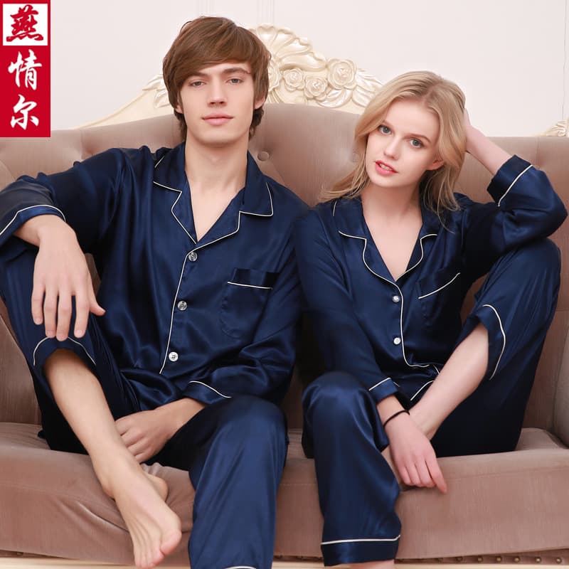 New Spring and Autumn Silk Couple Pajamas for Women, Autumn Ice Silk and Summer Men's Casual Home Wear Long Sleeve Plus Size Set