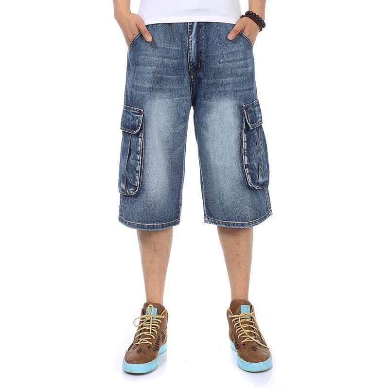 Summer Thin Blue Jeans Men's plus Size Street Dance Version Hip Hop Style Seven-Foot Pockets Straight Leg Cotton Blend Denim