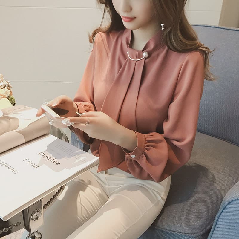 2024 Spring New Korean Style Knitted Ring Lantern Sleeve Pullover Chiffon Blouse Women Long Sleeve Top