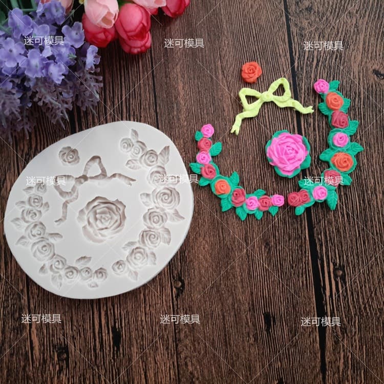 Fondant Mold Rose Wreath Baroque Ribbon European Style Silicone Mold Cake Decoration Cake Mold