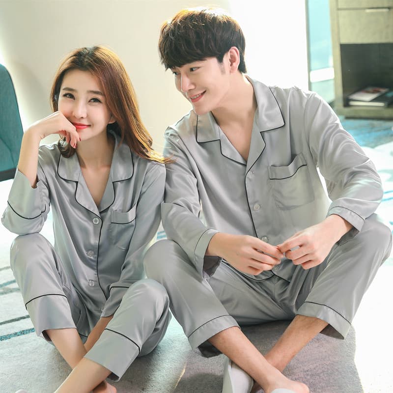 Men's and Women's Satin High-Waist High-Density Pajamas Star Same-Style Long-Sleeve Set Silk Thin Homewear for Spring and Summer
