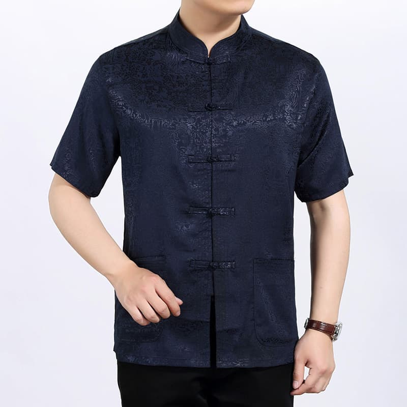 Middle-Aged and Elderly Summer Frog Button Tang Suit Short Sleeve Men's Chinese Style Ethnic Style Hanfu Ice Silk Casual Dad Outfit Wholesale