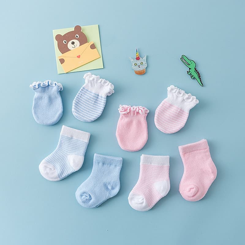 Cotton Mesh Anti-Scratch Baby Socks and Mittens Set, Baby Socks, Cotton Socks, Factory Wholesale