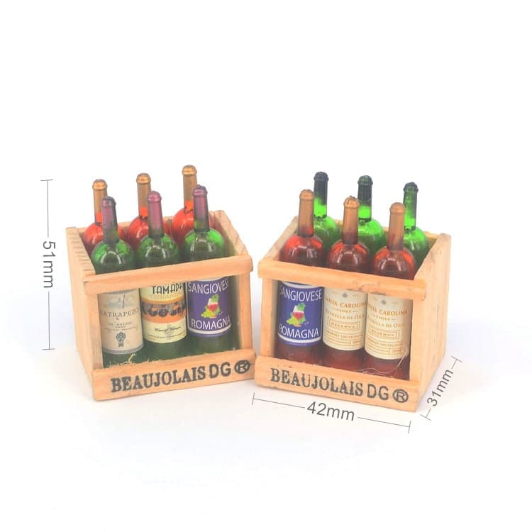 DOLLHOUSE miniature food toy scene model, doll house accessories, 6 mini red wine bottles with wooden stand