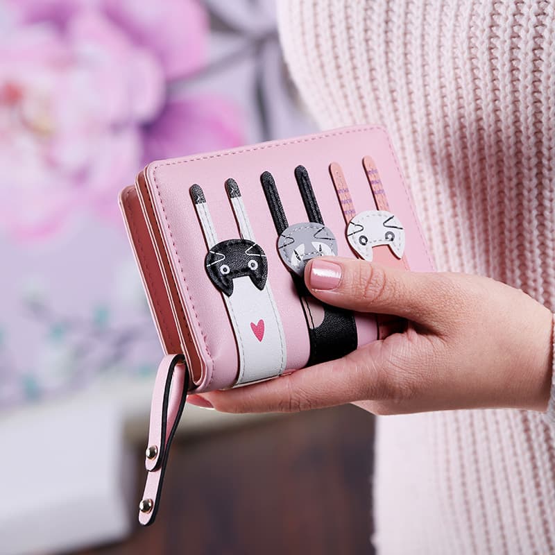 Cute Cartoon Three Cats Short Wallet 2024 Women's Tri-Fold Zipper Coin Purse Simple Street Style Animal Print PU Leather Money Clip