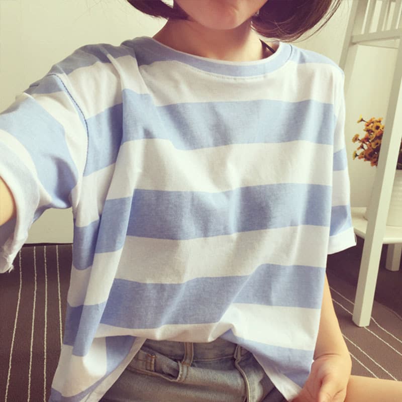 Wubi Crab Wholesale Summer New Korean Style Student Striped Short Sleeve T-shirt Women's Loose Fit Tops Women's Clothing Dropshipping