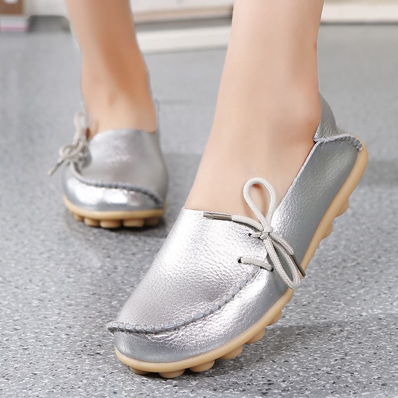 Casual Women's Single Shoes Genuine Leather Mom Shoes Flat Bean Nurse Lace-up Tendon Low-cut