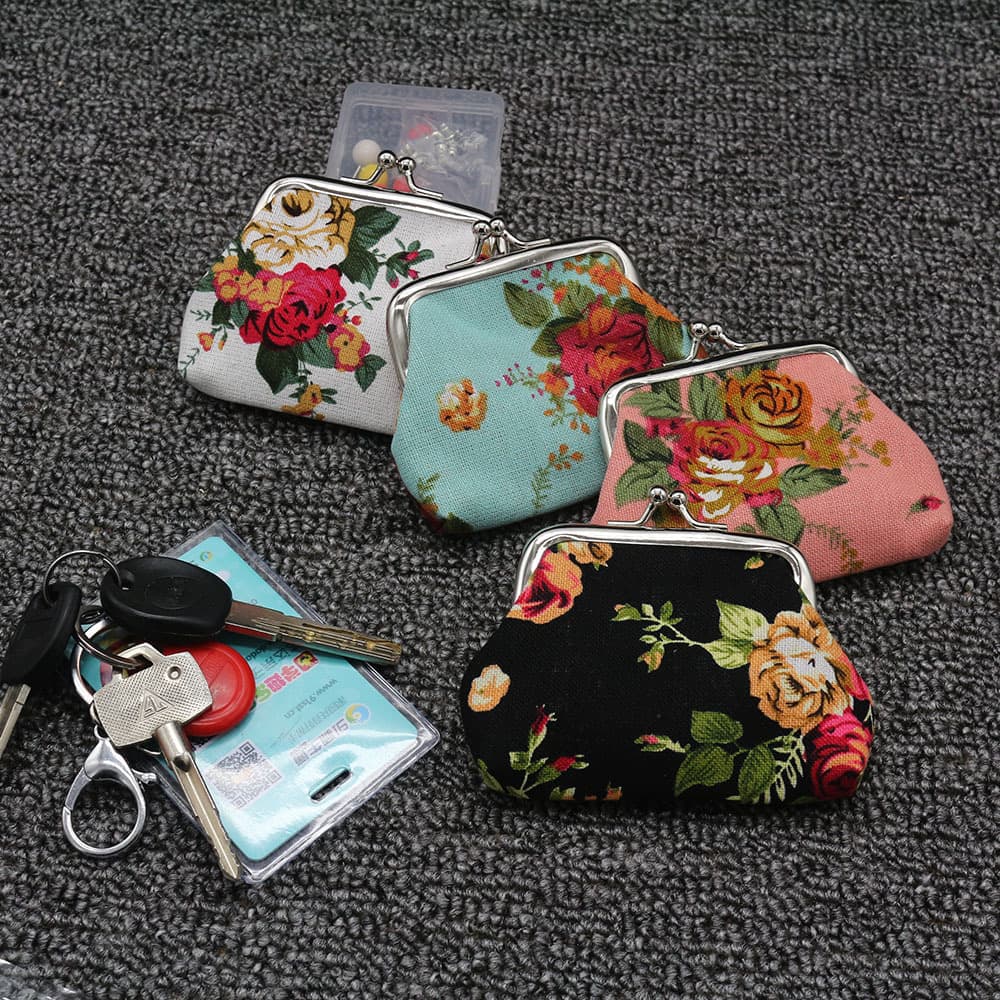 European and American retro canvas rose mini coin purse, women's buckle coin purse, cute little wallet wholesale