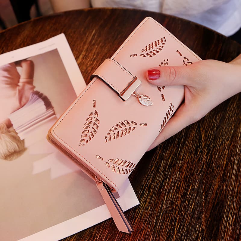 New Factory Style Korean Women's Long Wallet, Fashionable Clutch, Leaf Cutout Zipper Clasp Wallet