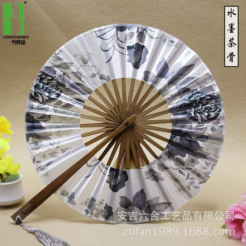 Factory Bamboo Round Chinese Ancient Fan, Windmill Fan, Japanese Folding Long Handle Fan, Anime Dance Folding Fan Wholesale