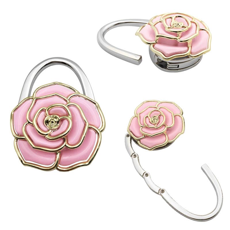 Cross-border dual-purpose gold-edged rose flower bag hook folding portable bag hook alloy craft table bag buckle hot style