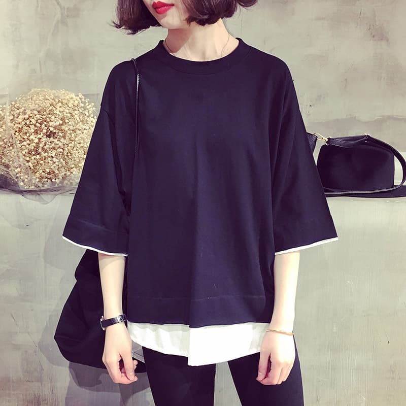 Summer New Korean Style Women's Clothing Plus Size Loose Solid Fake Two-Piece Short Sleeve T-Shirt Women's Top Small