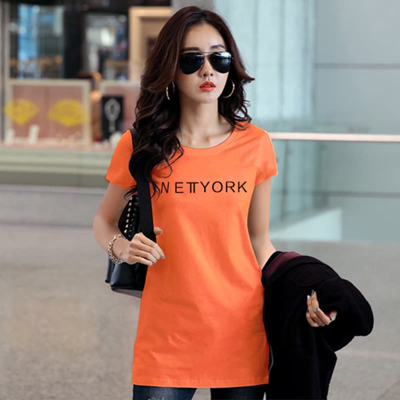 Short Sleeve Mid-Length Summer Top, Korean Style New Cotton Printed Fitted T-Shirt for Women, Wholesale