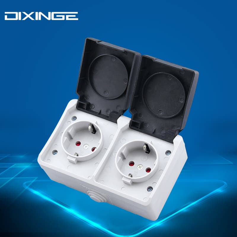 IP55 Black Gray Two-Gang Covered European Standard German Socket, Waterproof Surface-Mounted Dual German Splash-Proof Socket