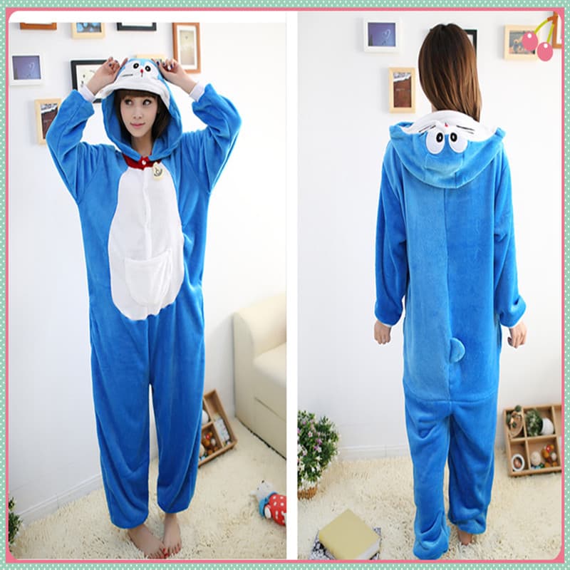 Adorable Midnight Cat Autumn Winter Couple Cartoon Robot Cat Onesie Pajamas Flannel Doraemon Men and Women Homewear