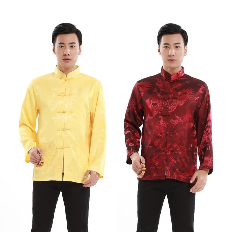 Men's Ethnic Tang Suit Top Spring/Summer Shirt Chinese Stand Collar Frog Button Dragon Long Sleeve Performance Costume