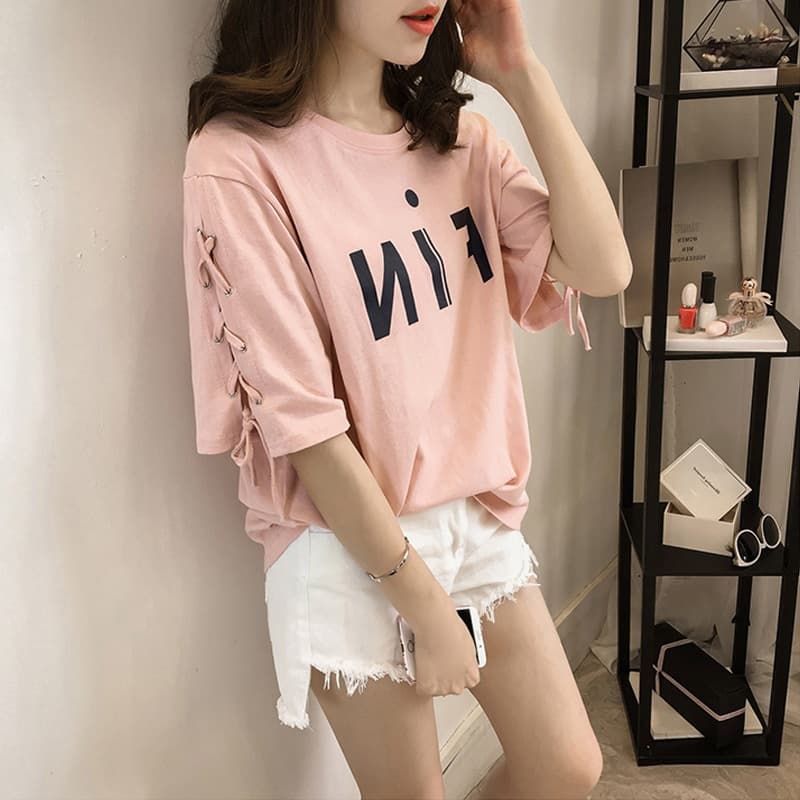 2025 Summer Short Sleeve T-Shirt Women's Korean Style Tie Sleeve Loose Plus Size Top with Half Sleeve Letter Print T-Shirt for Plus Size Women