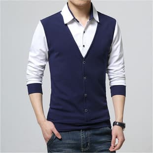 Men's Fake Two-Layer T-Shirt 2026 New Spring/Autumn Men's Long Sleeve Big Size Base Layer Korean Style