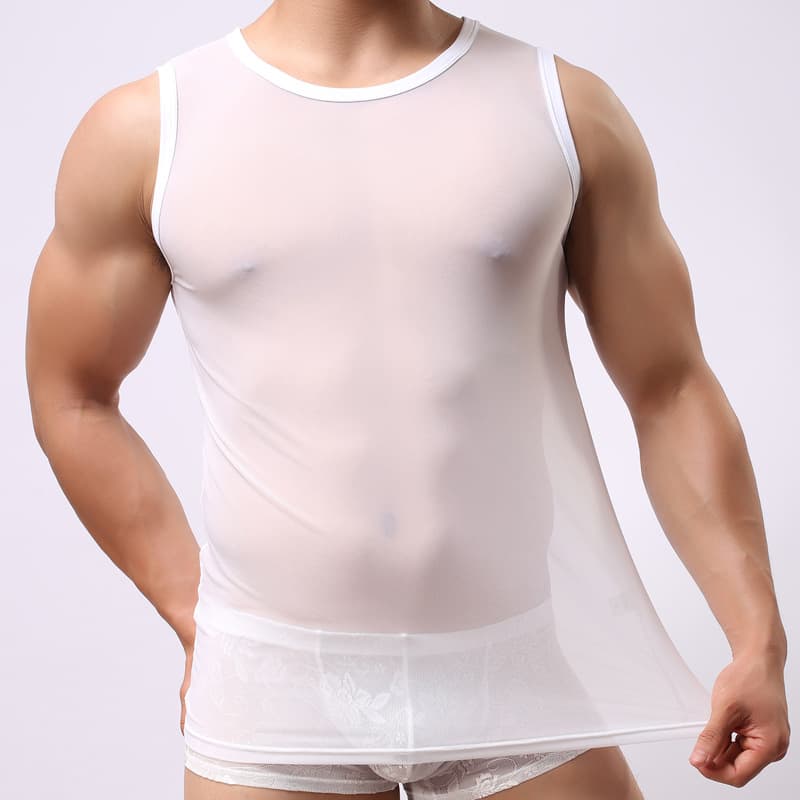 Men's Vest, Transparent Mesh Sleeveless Wide Shoulder Vest, Round Neck Elastic Tight-fitting Sexy Vest, Factory Wholesale