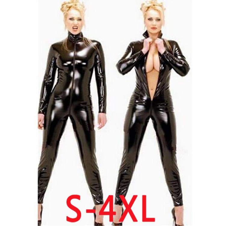 European and American Lingerie Patent Leather Bodysuit Queen Costume Long Zipper Open Crotch Pole Dance Outfit