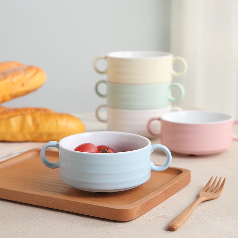 Candy-Colored Kids Tableware Series Double-Handle Soup Bowl, Stackable Handle Baking Bowl, Dessert Bowl, Steamed Egg Bowl, Double-Handle Bowl