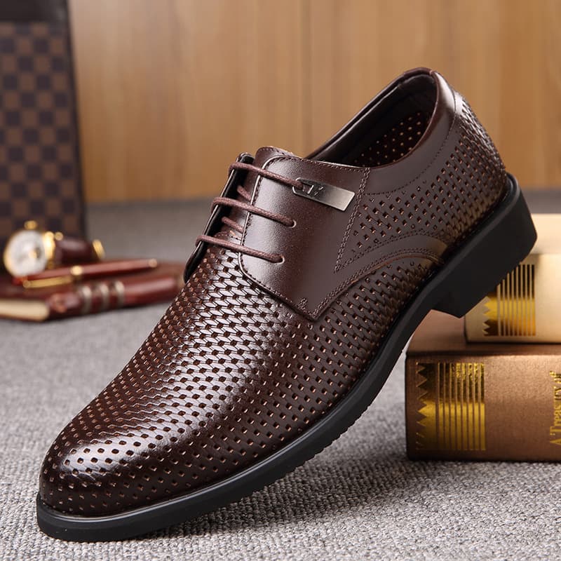 Summer Cowhide Perforated Leather Shoes Men's Comfortable Breathable Leather Sandals Fashion Lace-up Lightweight Formal Business Men's Shoes