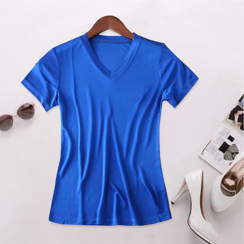 Classic Elegant Silk Short Sleeve Women's T-Shirt Simple Style V-Neck Mulberry Silk Women's Clothing Multicolor M-XXL