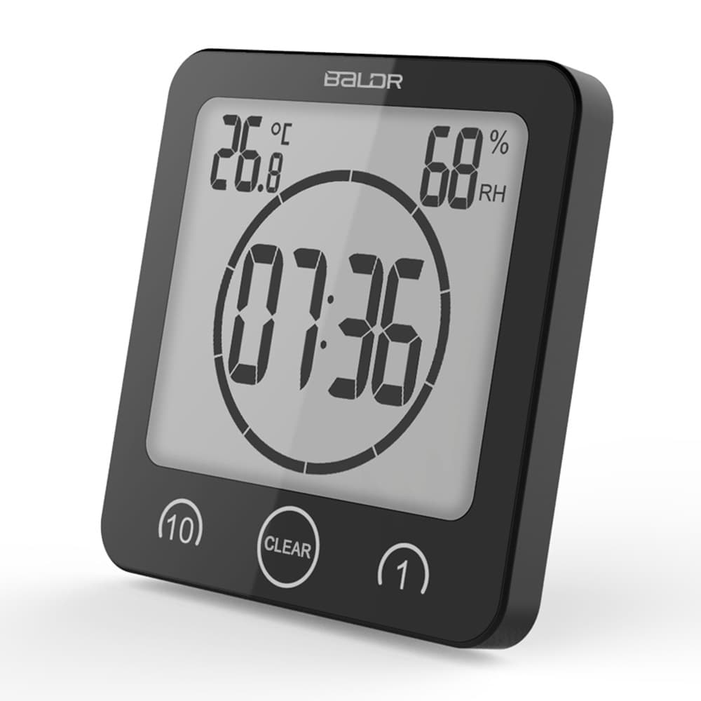 BALDR 1/10 Minute Countdown Waterproof Bathroom Clock with Suction Cup Kitchen Timer Hygrometer