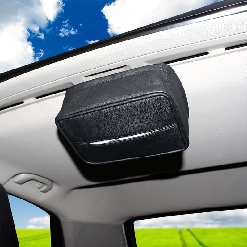 Factory direct sales car tissue box PU leather strong magnetic ceiling paper box car hanging self-priming facial tissue box