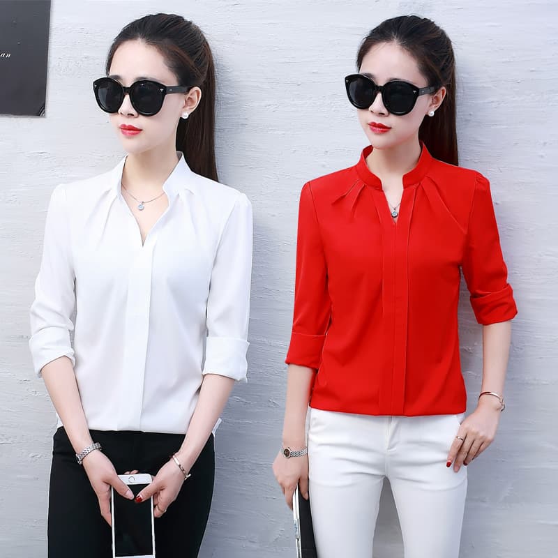 2026 Spring and Autumn New Women's Shirt Korean Style Long Sleeve Fashion Casual Bottoming Loose Slim Red Chiffon Shirt for Women