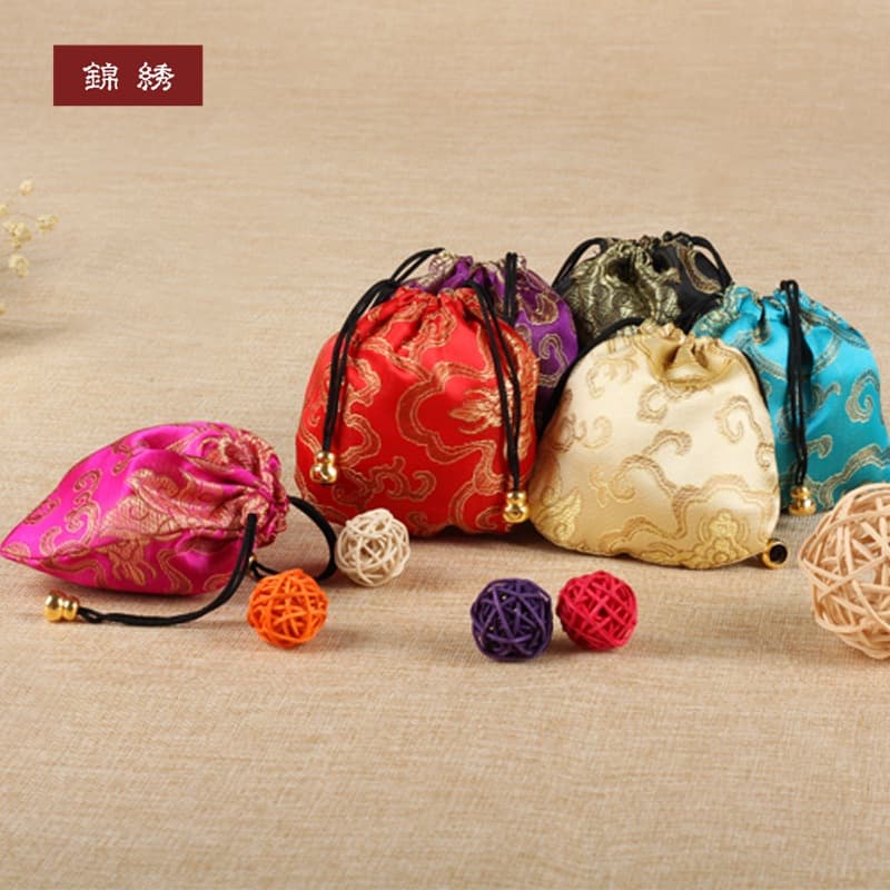 Small Brocade Pouch Jewelry Packaging Bag Drawstring Cinch Bag Antique Storage Pouch Vintage Small Cloth Bag Single-Layer Brocade