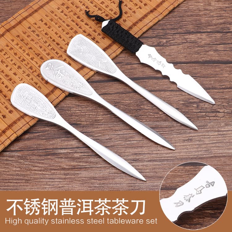 Creative Stainless Steel Pu-erh Tea Knife, Tea Prying Pick, Damascus Steel Tea Horse Ancient Road Style, Blue-and-White Porcelain Tea Set Accessories with Engraved Logo