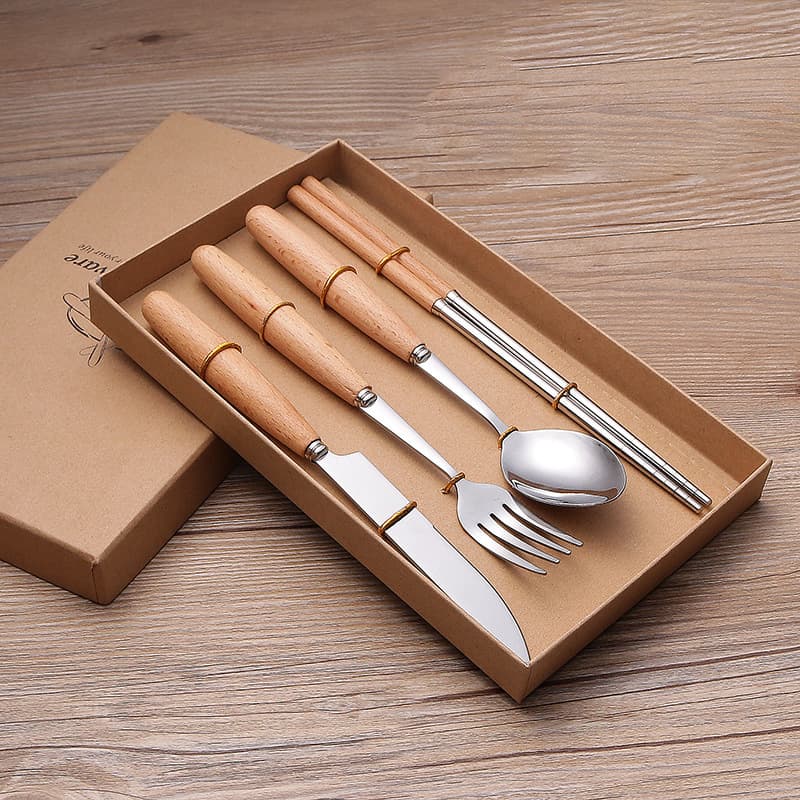 Wooden Handle Stainless Steel Cutlery 4-Piece Set Spoon Fork Gift Cutlery Set Promotional Event Gift Kitchen Supplies