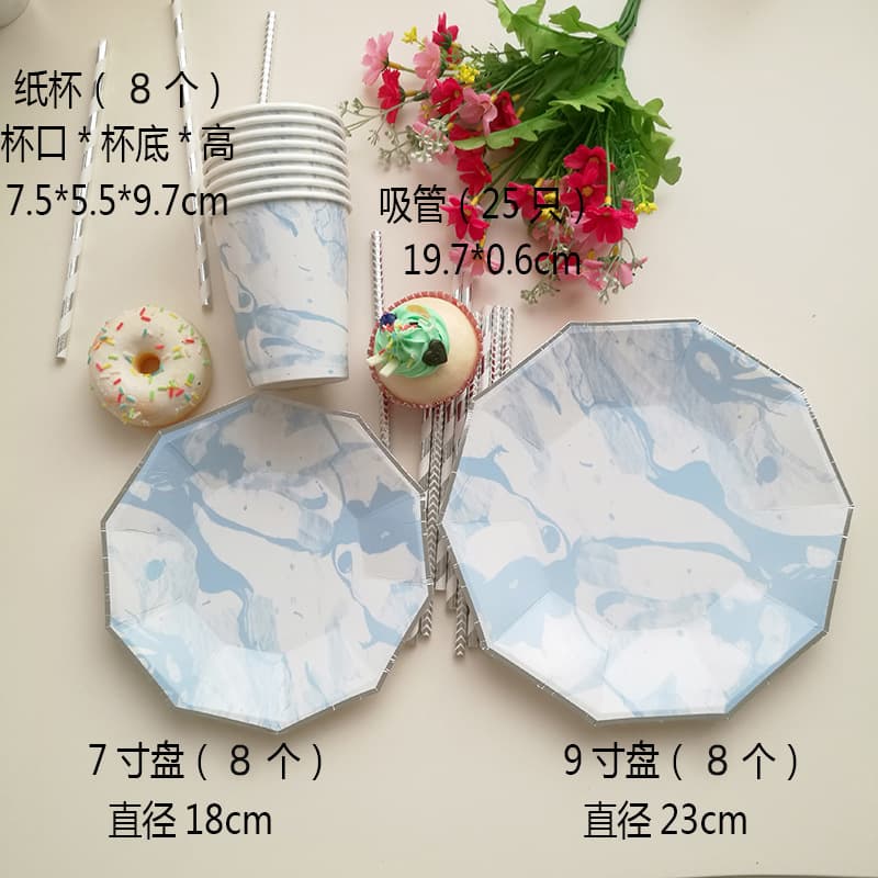 Export surplus 600gsm thick paper plates blue marble pattern high-end afternoon tea cake plates
