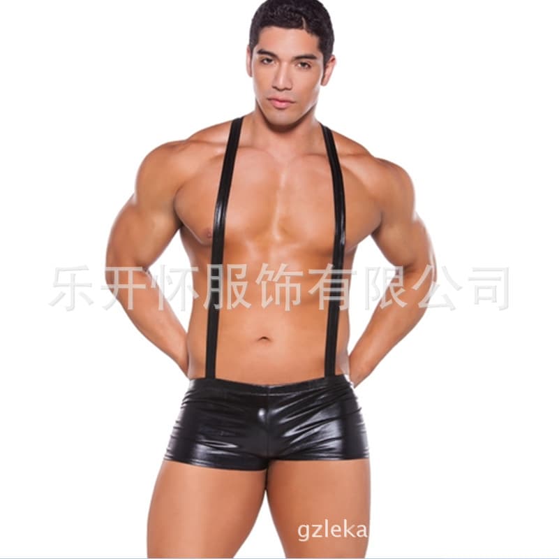 New Sexy Men's Patent Leather Suspender Briefs Tight Shorts Nightclub Stage Performance Costume