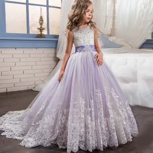 European and American Cross-Border Girl Princess Dress Lace Mesh Children's Birthday Party Host Flower Girl Wedding Dress