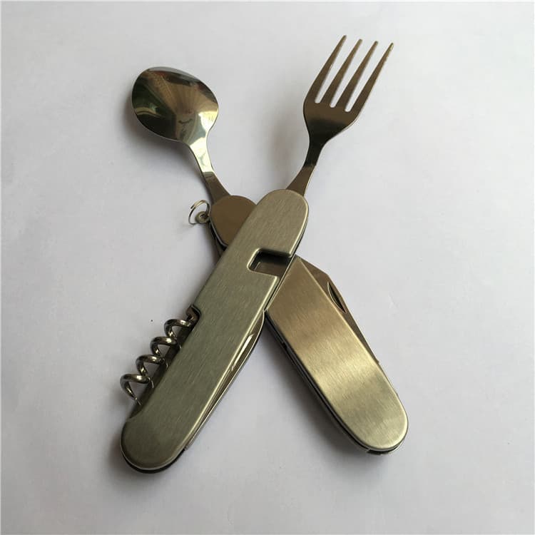 Large 6-in-1 Stainless Steel Camping Folding Knife Fork Spoon Set Stainless Steel Cutlery Multi-functional Knife Disassembly Tool